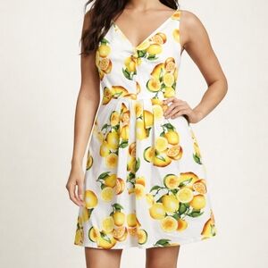 Banana Republic Lemon Citrus Print Dress Size 12 White Yellow Sleeveless Summer